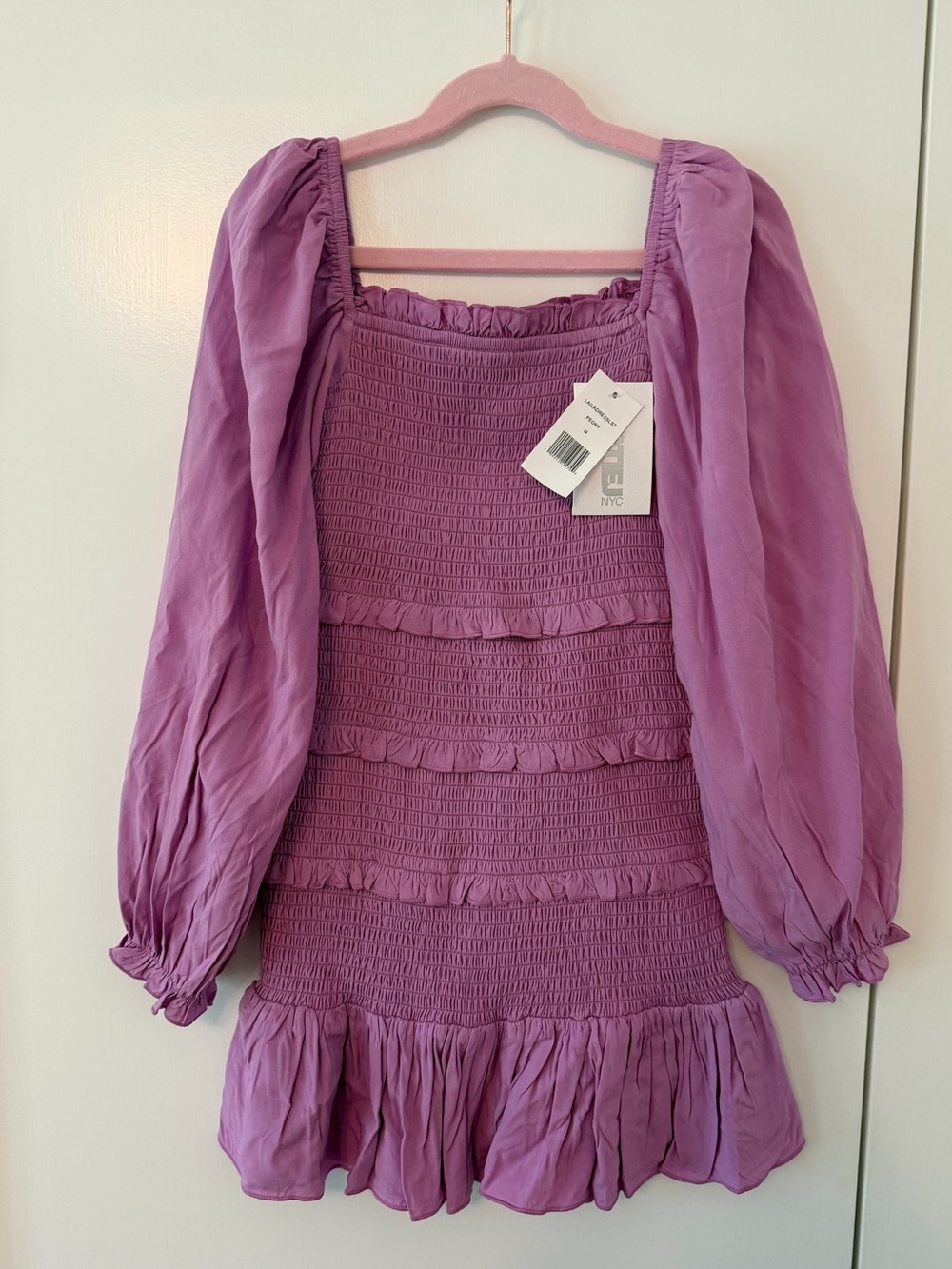 Katie J NYC Lilac Puff-Sleeve Smocked Dress—Brand new with tags!